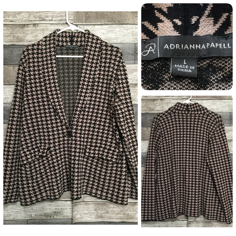 Adrianna Papell Houndstooth Sweater Women’s L Beige Black One Button Pockets